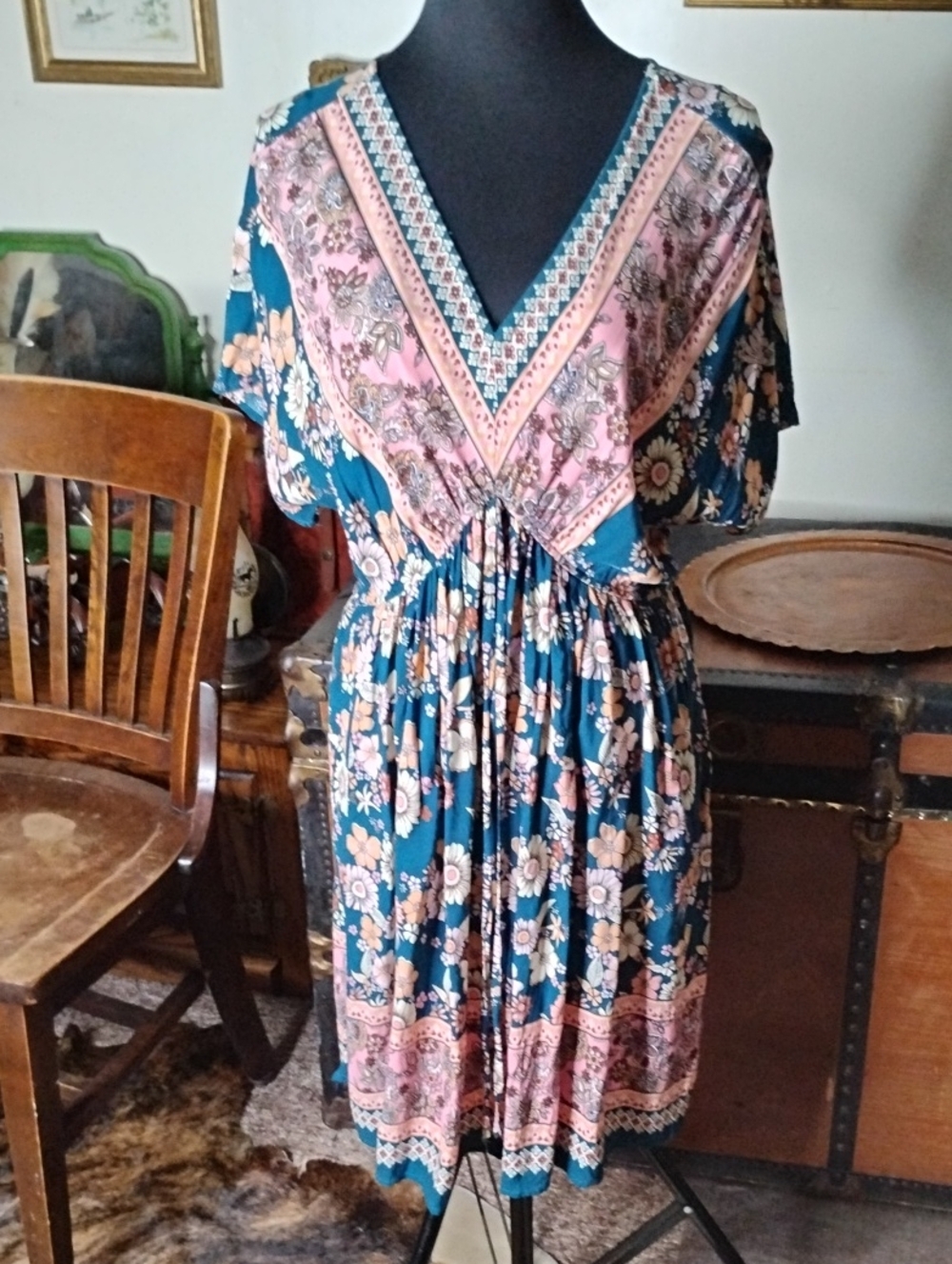 Bloomchic Women’s Teal Floral V-Neck Drawstring Dress